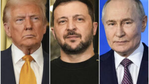 O Presidente Donald Trump, à esquerda, e o Presidente da Ucrânia, Volodymyr Zelenskyy, ao centro, são vistos no Palácio do Eliseu, a 7 de dezembro de 2024, em Paris, e o Presidente Vladimir Putin, à direita.
